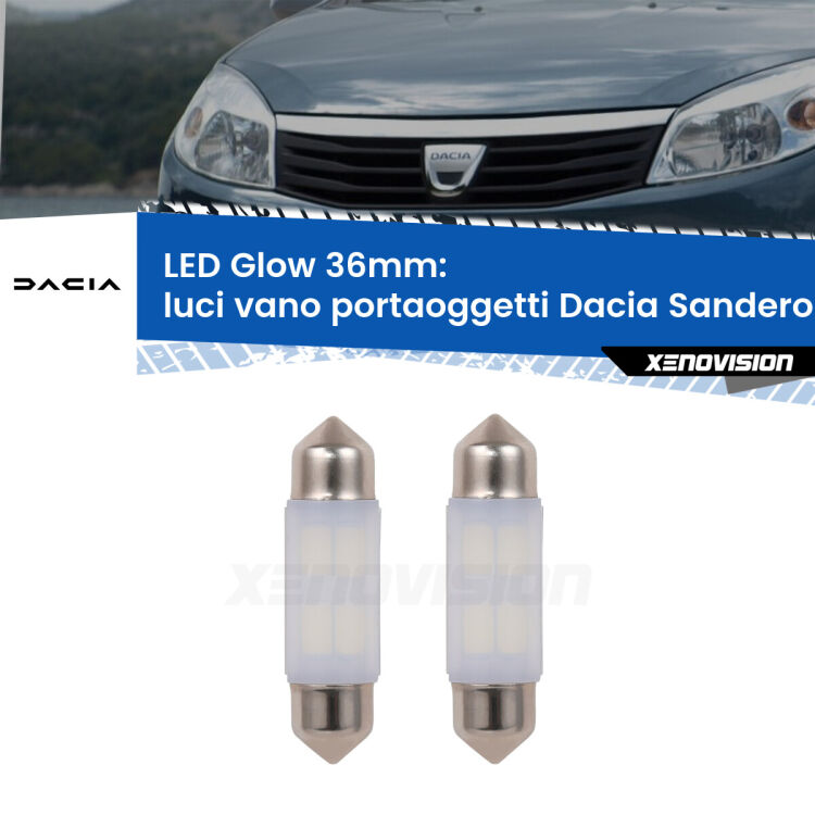 0 Luci Vano Portaoggetti LED Dacia Sandero I 2008 - 2012: C5W Glow a Luce Calda (Coppia) <strong>Luci Vano Portaoggetti LED luce calda per Dacia Sandero I</strong> 2008 - 2012. Coppia lampade <strong>C5W</strong> 36mm modello Glow di Xenovision.
