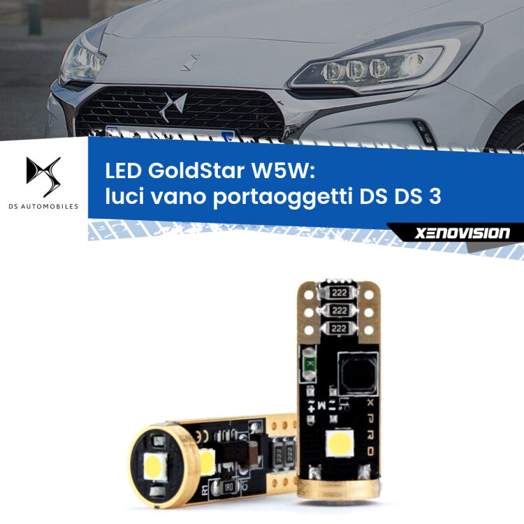 0 Luci Vano Portaoggetti LED DS DS 3 2015 in poi: T10 GoldStar <strong>Luci Vano Portaoggetti LED DS DS 3</strong> 2015 in poi: ottima luminosità a 360 gradi. Si inseriscono ovunque. Canbus, Top Quality.