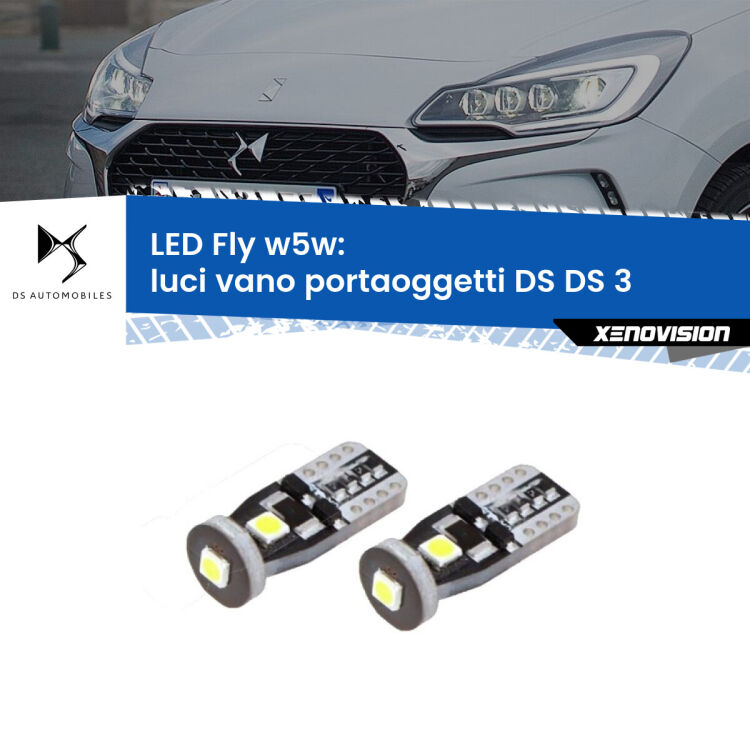 0 Luci Vano Portaoggetti LED DS DS 3 2015 in poi: W5W Fly <strong>luci vano portaoggetti LED per DS DS 3</strong> 2015 in poi. Coppia lampadine <strong>w5w</strong> Canbus compatte modello Fly Xenovision.