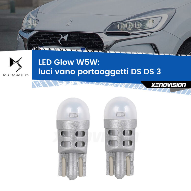 0 Luci Vano Portaoggetti LED DS DS 3 2015 in poi: W5W Glow a Luce Calda <strong>Luci Vano Portaoggetti LED luce calda per DS DS 3</strong> 2015 in poi. Coppia lampade <strong>W5W</strong> modello Glow di Xenovision.