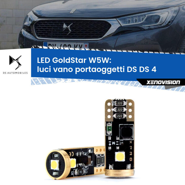 0 Luci Vano Portaoggetti LED DS DS 4 2015 in poi: T10 GoldStar <strong>Luci Vano Portaoggetti LED DS DS 4</strong> 2015 in poi: ottima luminosità a 360 gradi. Si inseriscono ovunque. Canbus, Top Quality.