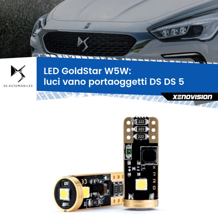 0 Luci Vano Portaoggetti LED DS DS 5 2015 in poi: T10 GoldStar <strong>Luci Vano Portaoggetti LED DS DS 5</strong> 2015 in poi: ottima luminosità a 360 gradi. Si inseriscono ovunque. Canbus, Top Quality.