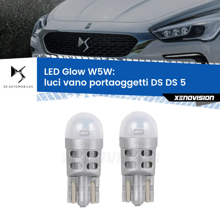 0 Luci Vano Portaoggetti LED DS DS 5 2015 in poi: W5W Glow a Luce Calda <strong>Luci Vano Portaoggetti LED luce calda per DS DS 5</strong> 2015 in poi. Coppia lampade <strong>W5W</strong> modello Glow di Xenovision.