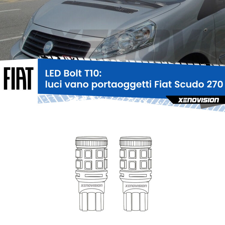 0 Luci Vano Portaoggetti LED Fiat Scudo 270 2007 - 2016: T10 Bolt <strong>Luci Vano Portaoggetti LED per Fiat Scudo</strong> 270 2007 - 2016. Coppia lampade <strong>T10</strong> modello Bolt canbus.
