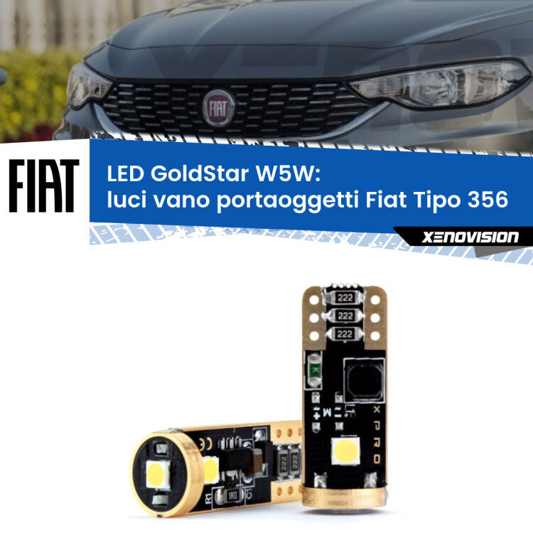 Luci Vano Portaoggetti LED Fiat Tipo 356 2015 in poi: T10 GoldStar <strong>Luci Vano Portaoggetti LED Fiat Tipo</strong> 356 2015 in poi: ottima luminosità a 360 gradi. Si inseriscono ovunque. Canbus, Top Quality.