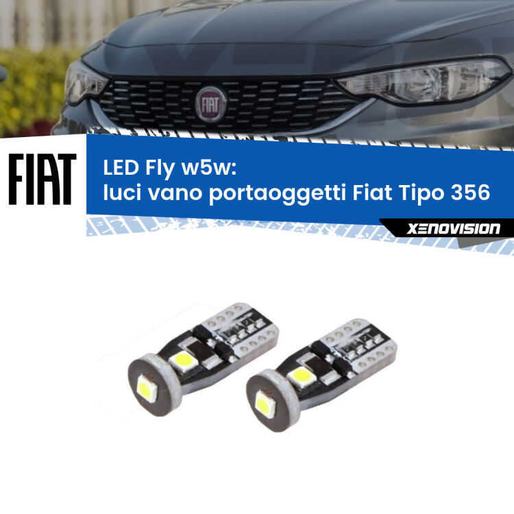 Luci Vano Portaoggetti LED Fiat Tipo 356 2015 in poi: W5W Fly <strong>luci vano portaoggetti LED per Fiat Tipo</strong> 356 2015 in poi. Coppia lampadine <strong>w5w</strong> Canbus compatte modello Fly Xenovision.