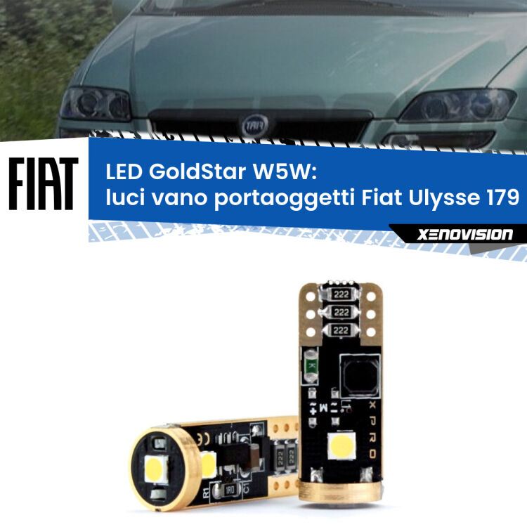 Luci Vano Portaoggetti LED Fiat Ulysse 179 2002 - 2011: T10 GoldStar <strong>Luci Vano Portaoggetti LED Fiat Ulysse</strong> 179 2002 - 2011: ottima luminosità a 360 gradi. Si inseriscono ovunque. Canbus, Top Quality.
