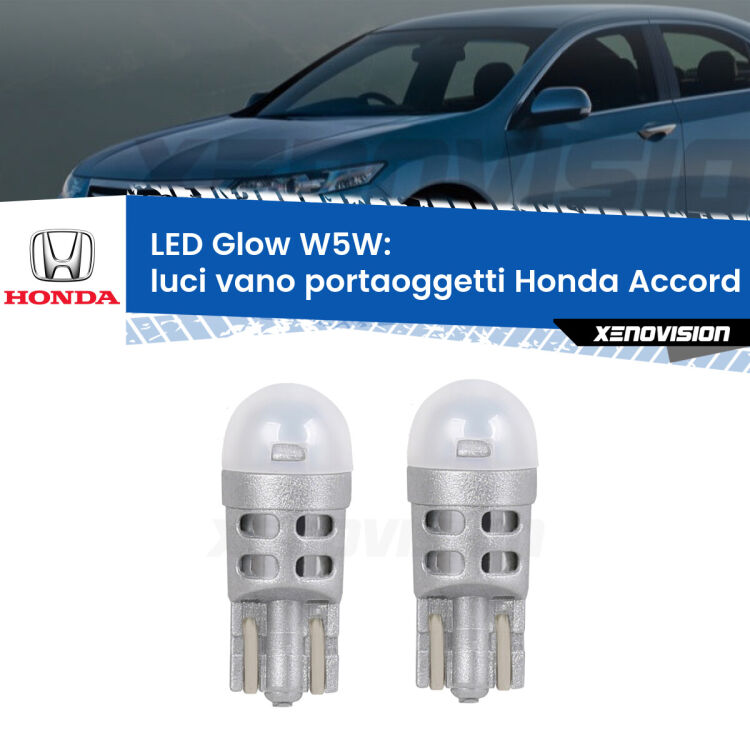 0 Luci Vano Portaoggetti LED Honda Accord Mk7 2002 - 2007: W5W Glow a Luce Calda <strong>Luci Vano Portaoggetti LED luce calda per Honda Accord</strong> Mk7 2002 - 2007. Coppia lampade <strong>W5W</strong> modello Glow di Xenovision.