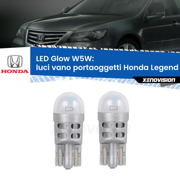 Luci Vano Portaoggetti LED Honda Legend Mk3 1996 - 2004: W5W Glow a Luce Calda <strong>Luci Vano Portaoggetti LED luce calda per Honda Legend</strong> Mk3 1996 - 2004. Coppia lampade <strong>W5W</strong> modello Glow di Xenovision.
