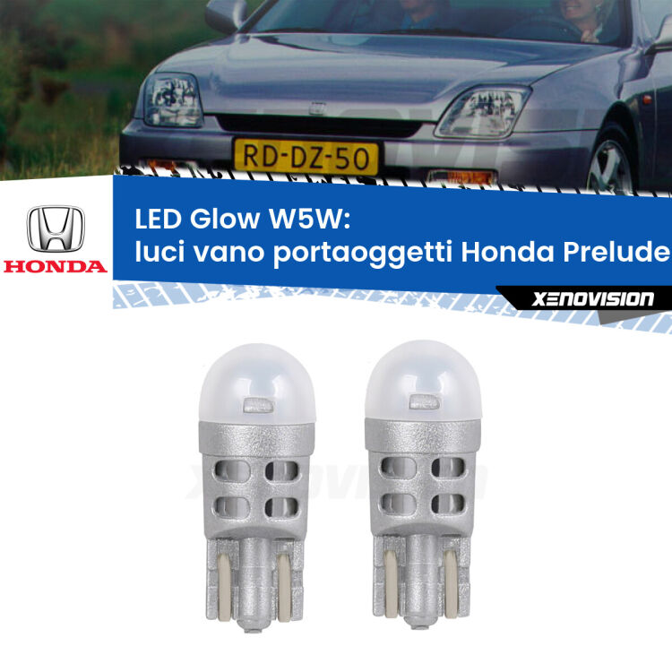 Luci Vano Portaoggetti LED Honda Prelude Mk5 1996 - 2000: W5W Glow a Luce Calda <strong>Luci Vano Portaoggetti LED luce calda per Honda Prelude</strong> Mk5 1996 - 2000. Coppia lampade <strong>W5W</strong> modello Glow di Xenovision.
