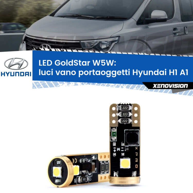 Luci Vano Portaoggetti LED Hyundai H1 A1 1997 - 2008: T10 GoldStar <strong>Luci Vano Portaoggetti LED Hyundai H1</strong> A1 1997 - 2008: ottima luminosità a 360 gradi. Si inseriscono ovunque. Canbus, Top Quality.