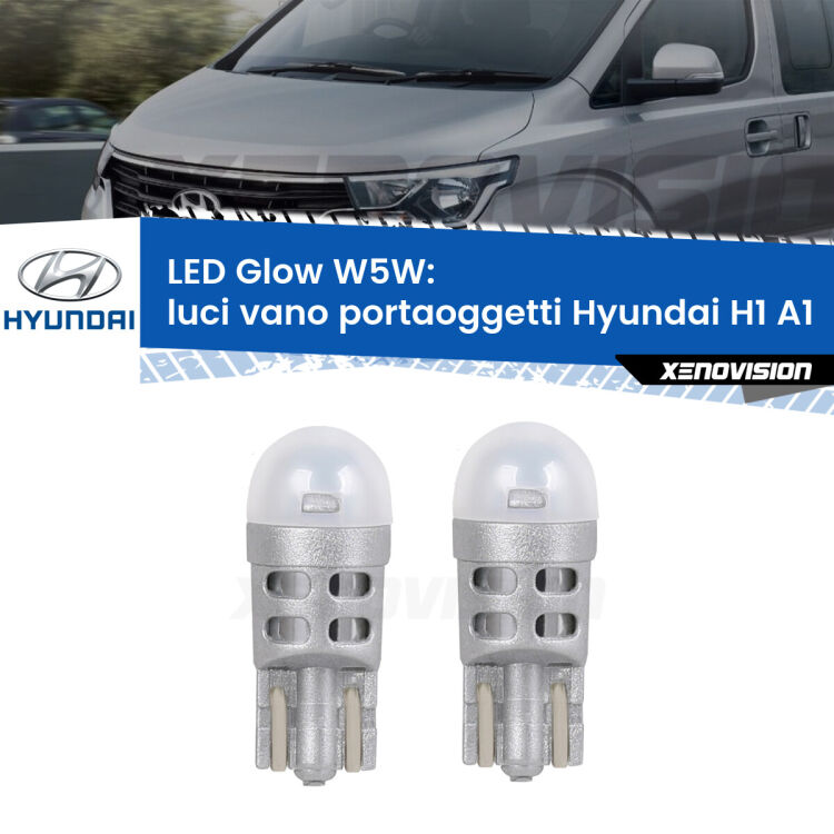 Luci Vano Portaoggetti LED Hyundai H1 A1 1997 - 2008: W5W Glow a Luce Calda <strong>Luci Vano Portaoggetti LED luce calda per Hyundai H1</strong> A1 1997 - 2008. Coppia lampade <strong>W5W</strong> modello Glow di Xenovision.