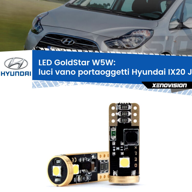 0 Luci Vano Portaoggetti LED Hyundai IX20 JC 2010 in poi: T10 GoldStar <strong>Luci Vano Portaoggetti LED Hyundai IX20</strong> JC 2010 in poi: ottima luminosità a 360 gradi. Si inseriscono ovunque. Canbus, Top Quality.