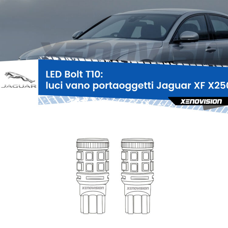 0 Luci Vano Portaoggetti LED Jaguar XF X250 2007 - 2015: T10 Bolt <strong>Luci Vano Portaoggetti LED per Jaguar XF</strong> X250 2007 - 2015. Coppia lampade <strong>T10</strong> modello Bolt canbus.