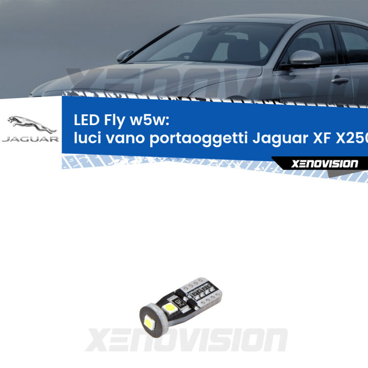 <strong>luci vano portaoggetti LED per Jaguar XF</strong> X250 2007 - 2015. Coppia lampadine <strong>w5w</strong> Canbus compatte modello Fly Xenovision.