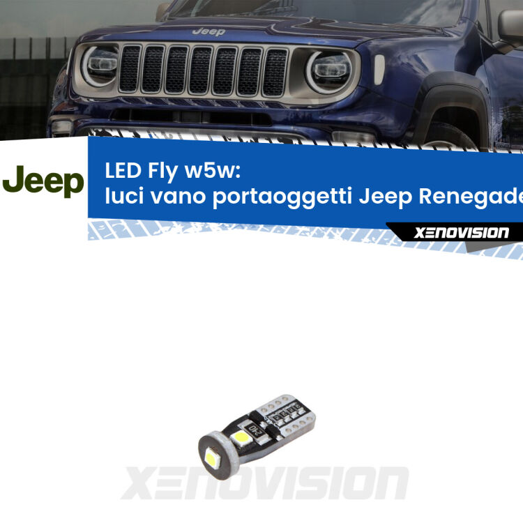 <strong>luci vano portaoggetti LED per Jeep Renegade</strong>  2014 in poi. Coppia lampadine <strong>w5w</strong> Canbus compatte modello Fly Xenovision.