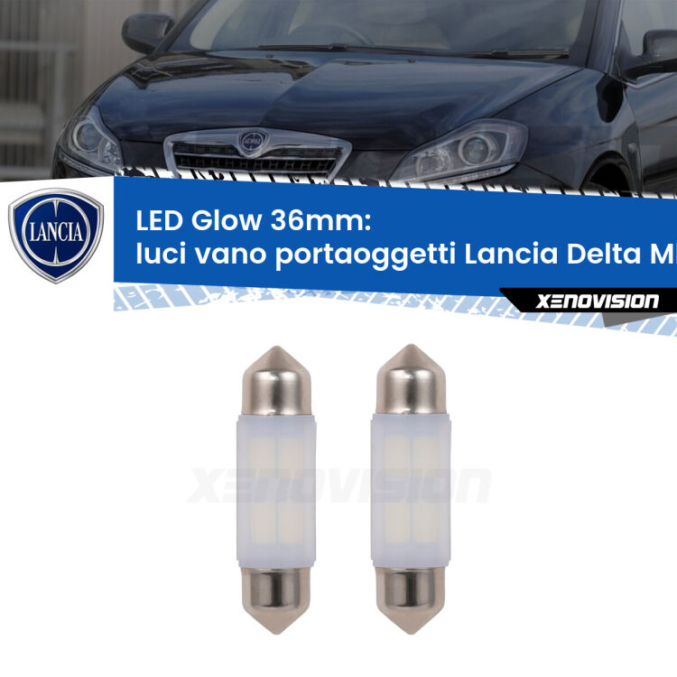 Luci Vano Portaoggetti LED Lancia Delta MkIII 844 2008 - 2014: C5W Glow a Luce Calda (Coppia) <strong>Luci Vano Portaoggetti LED luce calda per Lancia Delta MkIII</strong> 844 2008 - 2014. Coppia lampade <strong>C5W</strong> 36mm modello Glow di Xenovision.