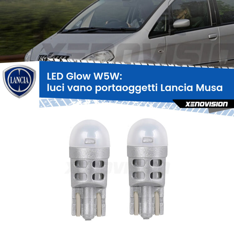 Luci Vano Portaoggetti LED Lancia Musa 2004 - 2012: W5W Glow a Luce Calda <strong>Luci Vano Portaoggetti LED luce calda per Lancia Musa</strong> 2004 - 2012. Coppia lampade <strong>W5W</strong> modello Glow di Xenovision.