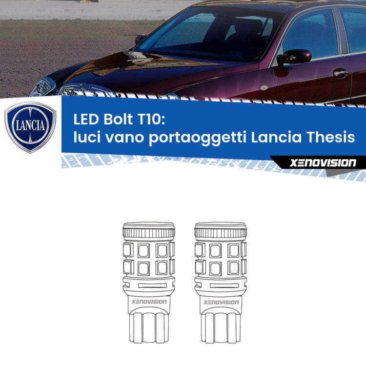 Luci Vano Portaoggetti LED Lancia Thesis  2002 - 2009: T10 Bolt <strong>Luci Vano Portaoggetti LED per Lancia Thesis</strong>  2002 - 2009. Coppia lampade <strong>T10</strong> modello Bolt canbus.