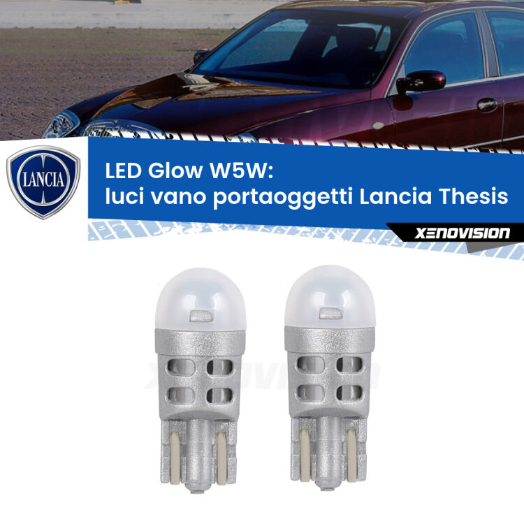Luci Vano Portaoggetti LED Lancia Thesis  2002 - 2009: W5W Glow a Luce Calda <strong>Luci Vano Portaoggetti LED luce calda per Lancia Thesis</strong>  2002 - 2009. Coppia lampade <strong>W5W</strong> modello Glow di Xenovision.
