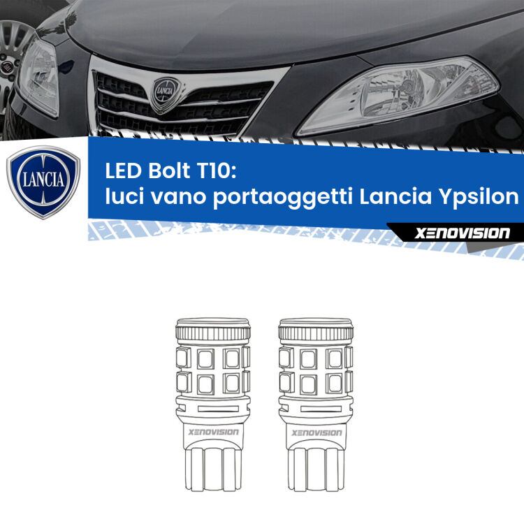 Luci Vano Portaoggetti LED Lancia Ypsilon II 312 2011 in poi: T10 Bolt <strong>Luci Vano Portaoggetti LED per Lancia Ypsilon</strong> II 312 2011 in poi. Coppia lampade <strong>T10</strong> modello Bolt canbus.