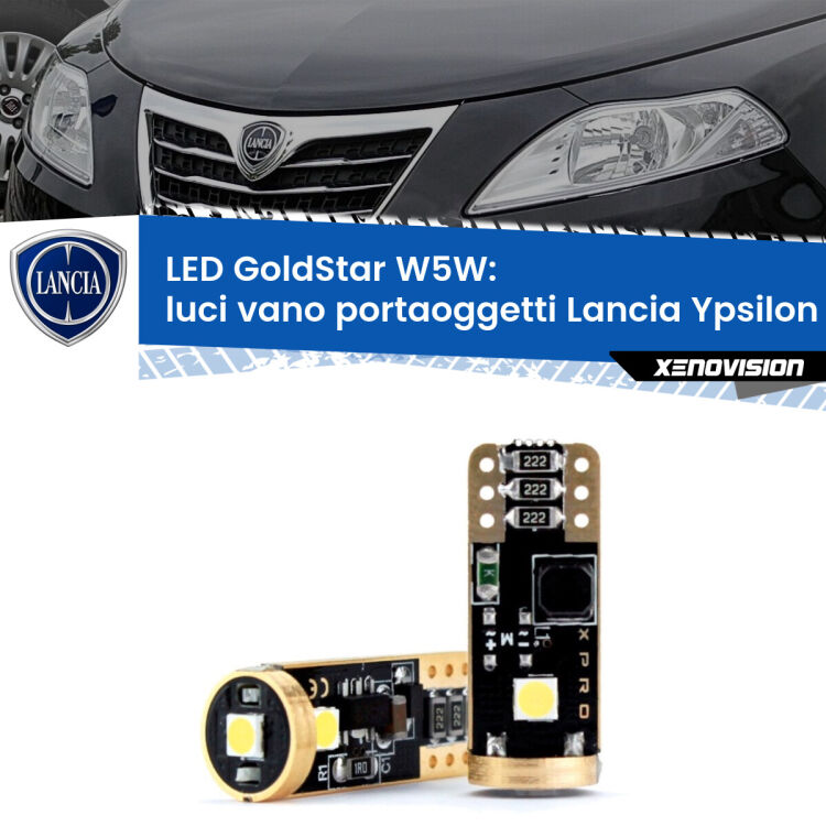 Luci Vano Portaoggetti LED Lancia Ypsilon II 312 2011 in poi: T10 GoldStar <strong>Luci Vano Portaoggetti LED Lancia Ypsilon</strong> II 312 2011 in poi: ottima luminosità a 360 gradi. Si inseriscono ovunque. Canbus, Top Quality.