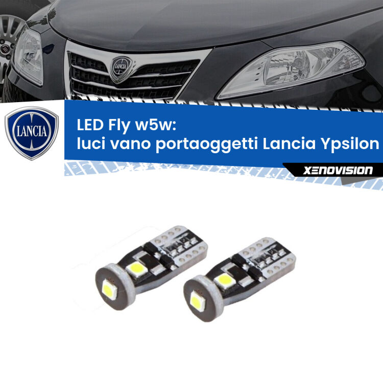 Luci Vano Portaoggetti LED Lancia Ypsilon II 312 2011 in poi: W5W Fly <strong>luci vano portaoggetti LED per Lancia Ypsilon</strong> II 312 2011 in poi. Coppia lampadine <strong>w5w</strong> Canbus compatte modello Fly Xenovision.