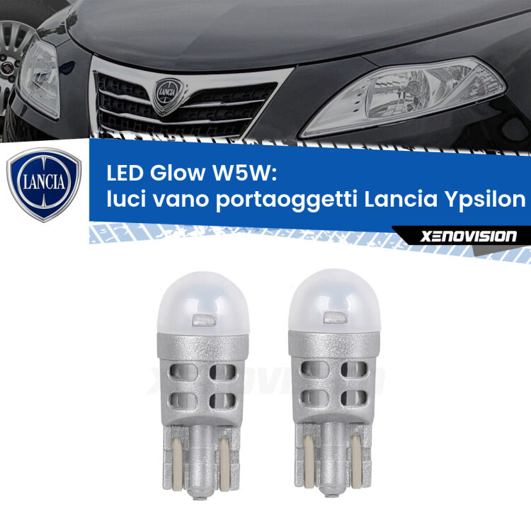 Luci Vano Portaoggetti LED Lancia Ypsilon II 312 2011 in poi: W5W Glow a Luce Calda <strong>Luci Vano Portaoggetti LED luce calda per Lancia Ypsilon</strong> II 312 2011 in poi. Coppia lampade <strong>W5W</strong> modello Glow di Xenovision.
