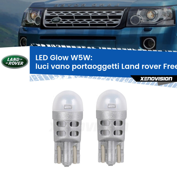 Luci Vano Portaoggetti LED Land rover Freelander 2 L359 2006 - 2014: W5W Glow a Luce Calda <strong>Luci Vano Portaoggetti LED luce calda per Land rover Freelander 2</strong> L359 2006 - 2014. Coppia lampade <strong>W5W</strong> modello Glow di Xenovision.