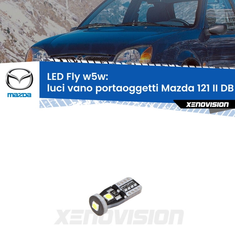 <strong>luci vano portaoggetti LED per Mazda 121 II</strong> DB 1990 - 1996. Coppia lampadine <strong>w5w</strong> Canbus compatte modello Fly Xenovision.