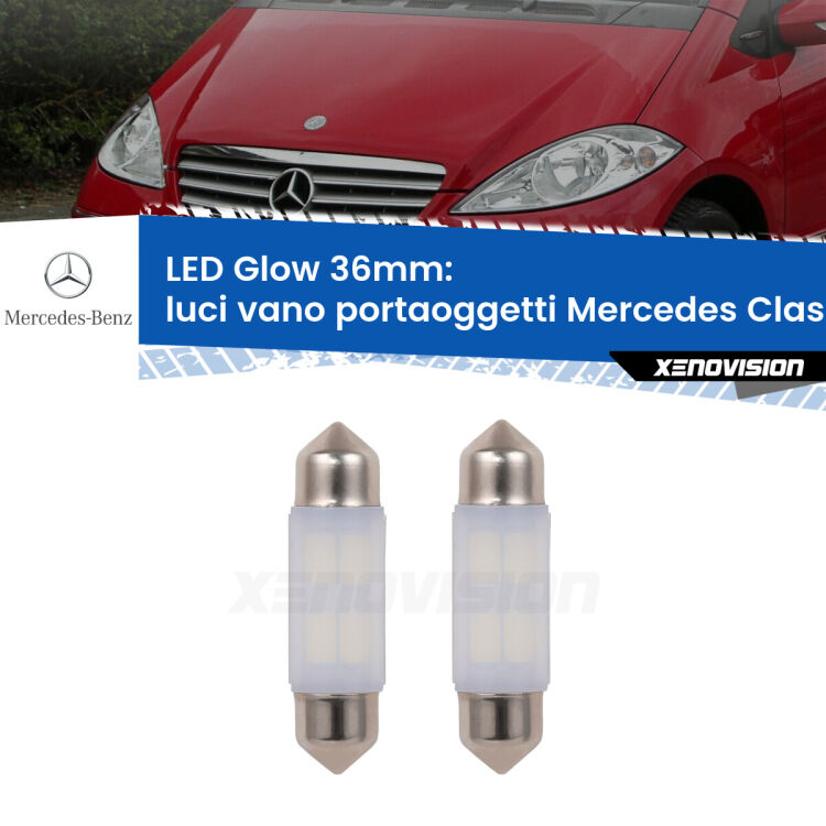 Luci Vano Portaoggetti LED Mercedes Classe-A W169 2004 - 2012: C5W Glow a Luce Calda (Coppia) <strong>Luci Vano Portaoggetti LED luce calda per Mercedes Classe-A</strong> W169 2004 - 2012. Coppia lampade <strong>C5W</strong> 36mm modello Glow di Xenovision.