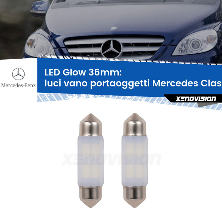Luci Vano Portaoggetti LED Mercedes Classe-B W245 2005 - 2011: C5W Glow a Luce Calda (Coppia) <strong>Luci Vano Portaoggetti LED luce calda per Mercedes Classe-B</strong> W245 2005 - 2011. Coppia lampade <strong>C5W</strong> 36mm modello Glow di Xenovision.