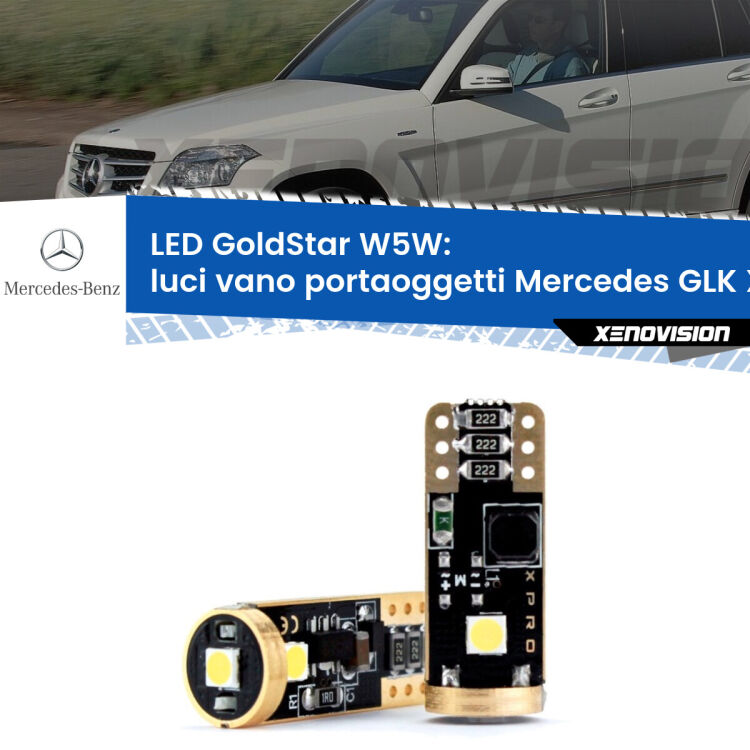 Luci Vano Portaoggetti LED Mercedes GLK X204 2008 - 2015: T10 GoldStar <strong>Luci Vano Portaoggetti LED Mercedes GLK</strong> X204 2008 - 2015: ottima luminosità a 360 gradi. Si inseriscono ovunque. Canbus, Top Quality.