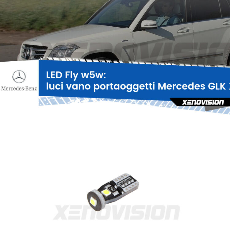 <strong>luci vano portaoggetti LED per Mercedes GLK</strong> X204 2008 - 2015. Coppia lampadine <strong>w5w</strong> Canbus compatte modello Fly Xenovision.