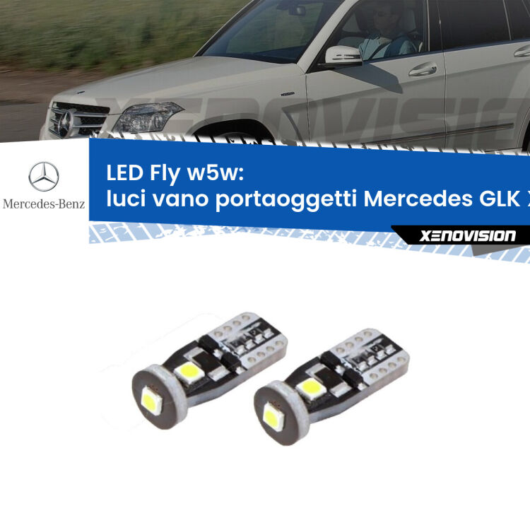 Luci Vano Portaoggetti LED Mercedes GLK X204 2008 - 2015: W5W Fly <strong>luci vano portaoggetti LED per Mercedes GLK</strong> X204 2008 - 2015. Coppia lampadine <strong>w5w</strong> Canbus compatte modello Fly Xenovision.
