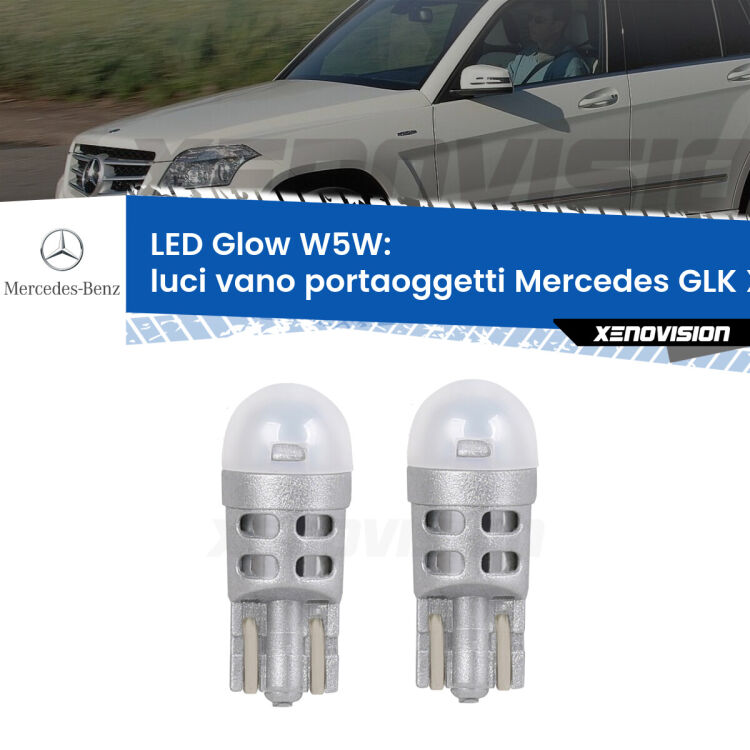 Luci Vano Portaoggetti LED Mercedes GLK X204 2008 - 2015: W5W Glow a Luce Calda <strong>Luci Vano Portaoggetti LED luce calda per Mercedes GLK</strong> X204 2008 - 2015. Coppia lampade <strong>W5W</strong> modello Glow di Xenovision.