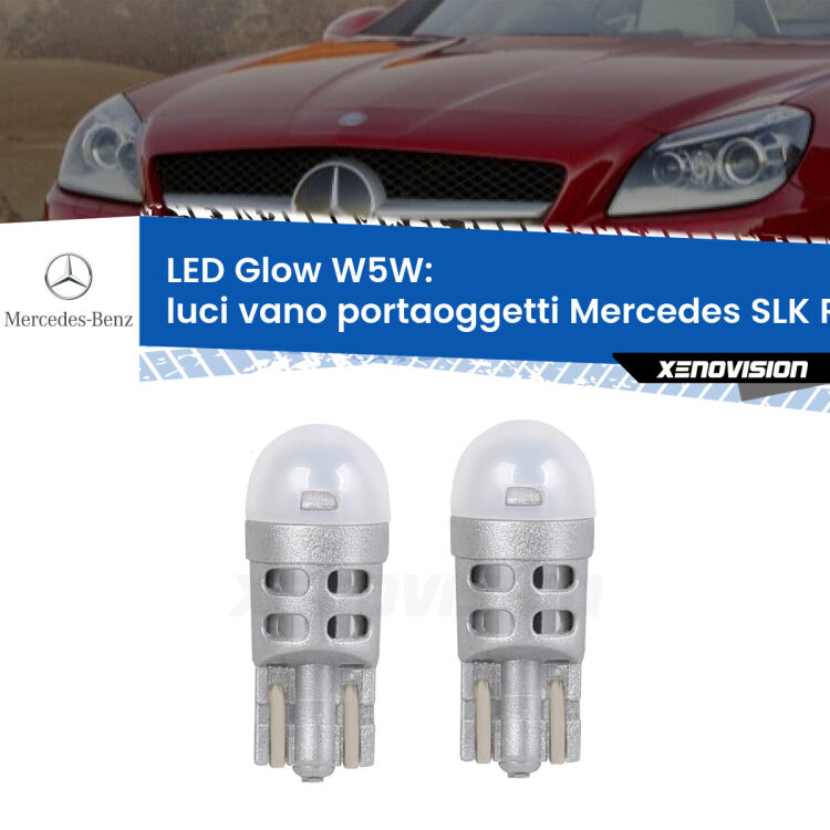 Luci Vano Portaoggetti LED Mercedes SLK R172 2011 in poi: W5W Glow a Luce Calda <strong>Luci Vano Portaoggetti LED luce calda per Mercedes SLK</strong> R172 2011 in poi. Coppia lampade <strong>W5W</strong> modello Glow di Xenovision.