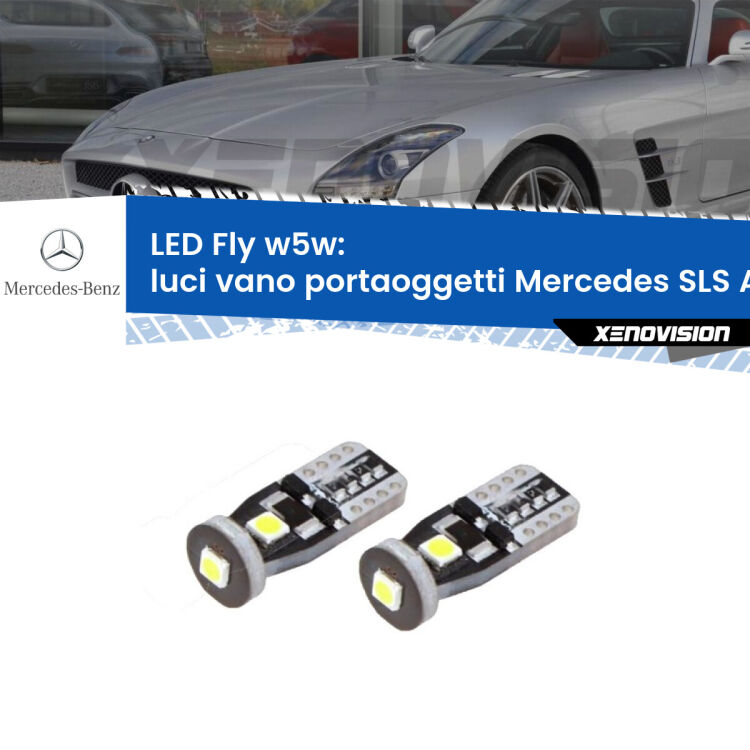 Luci Vano Portaoggetti LED Mercedes SLS AMG C197 2010 in poi: W5W Fly <strong>luci vano portaoggetti LED per Mercedes SLS AMG</strong> C197 2010 in poi. Coppia lampadine <strong>w5w</strong> Canbus compatte modello Fly Xenovision.