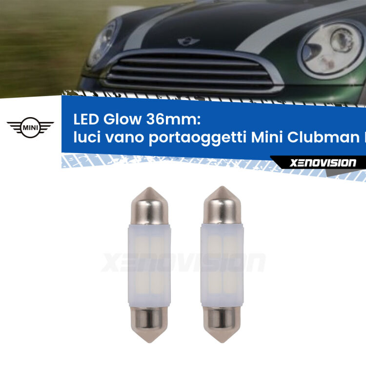 Luci Vano Portaoggetti LED Mini Clubman R55 2007 - 2015: C5W Glow a Luce Calda (Coppia) <strong>Luci Vano Portaoggetti LED luce calda per Mini Clubman</strong> R55 2007 - 2015. Coppia lampade <strong>C5W</strong> 36mm modello Glow di Xenovision.