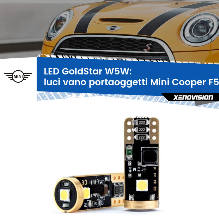 0 Luci Vano Portaoggetti LED Mini Cooper F55 F56 2013 - 2017: T10 GoldStar <strong>Luci Vano Portaoggetti LED Mini Cooper</strong> F55 F56 2013 - 2017: ottima luminosità a 360 gradi. Si inseriscono ovunque. Canbus, Top Quality.