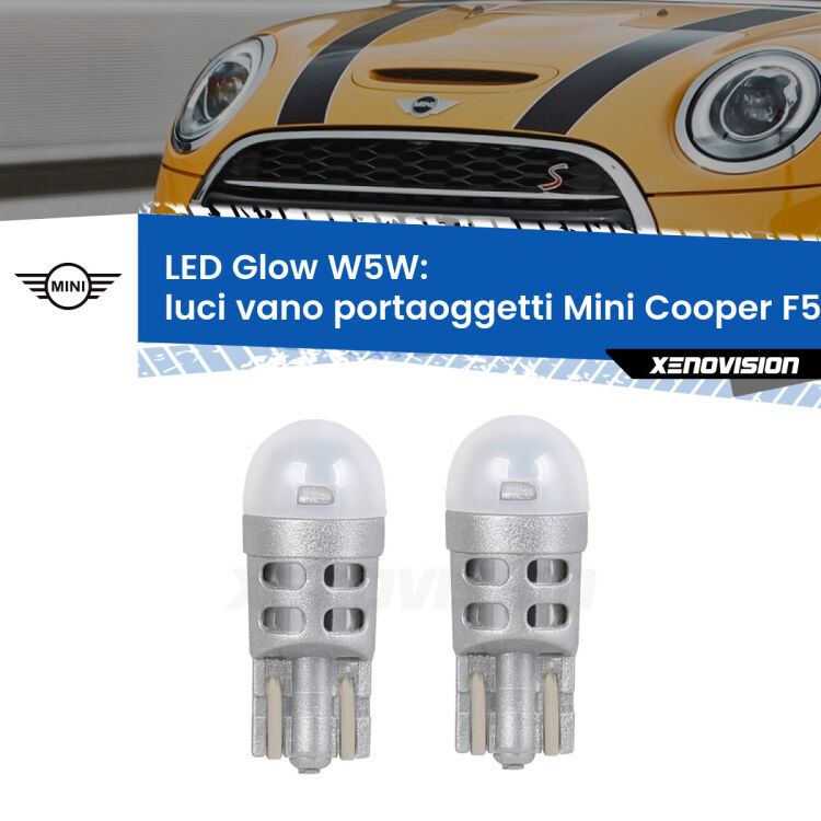 Luci Vano Portaoggetti LED Mini Cooper F55 F56 2013 - 2017: W5W Glow a Luce Calda <strong>Luci Vano Portaoggetti LED luce calda per Mini Cooper</strong> F55 F56 2013 - 2017. Coppia lampade <strong>W5W</strong> modello Glow di Xenovision.