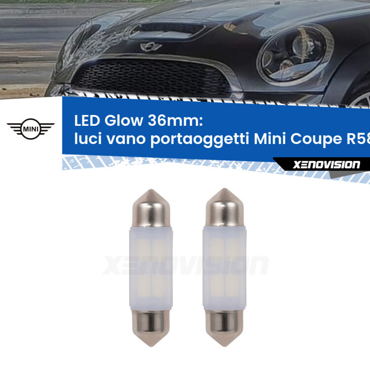 0 Luci Vano Portaoggetti LED Mini Coupe R58 2011 - 2015: C5W Glow a Luce Calda (Coppia) <strong>Luci Vano Portaoggetti LED luce calda per Mini Coupe</strong> R58 2011 - 2015. Coppia lampade <strong>C5W</strong> 36mm modello Glow di Xenovision.