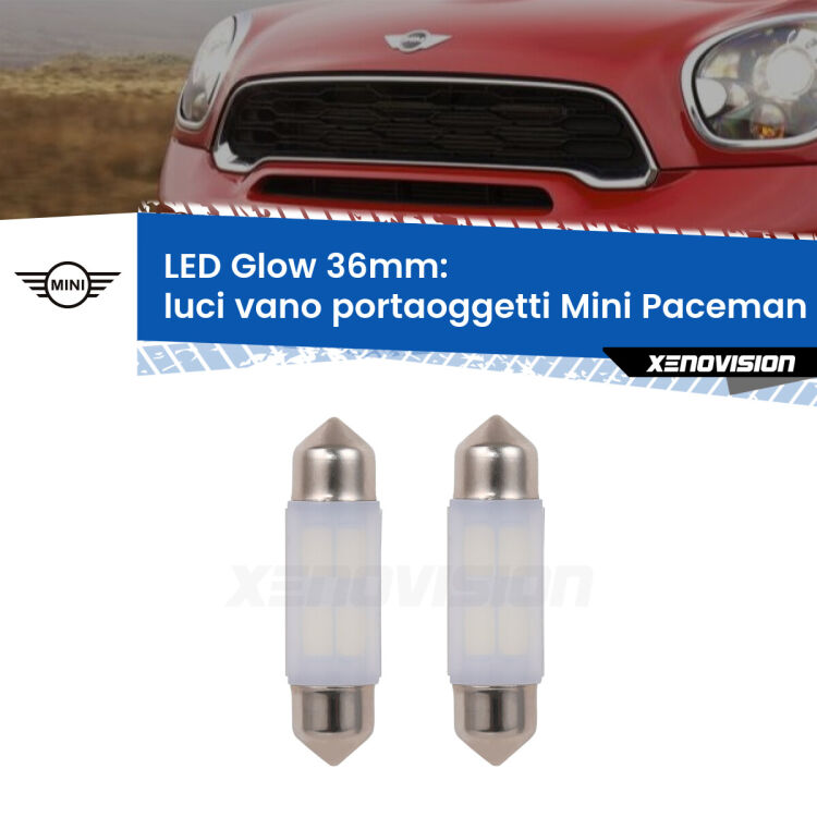 0 Luci Vano Portaoggetti LED Mini Paceman R61 2012 - 2016: C5W Glow a Luce Calda (Coppia) <strong>Luci Vano Portaoggetti LED luce calda per Mini Paceman</strong> R61 2012 - 2016. Coppia lampade <strong>C5W</strong> 36mm modello Glow di Xenovision.