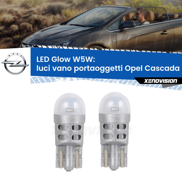 Luci Vano Portaoggetti LED Opel Cascada  2013 - 2019: W5W Glow a Luce Calda <strong>Luci Vano Portaoggetti LED luce calda per Opel Cascada</strong>  2013 - 2019. Coppia lampade <strong>W5W</strong> modello Glow di Xenovision.