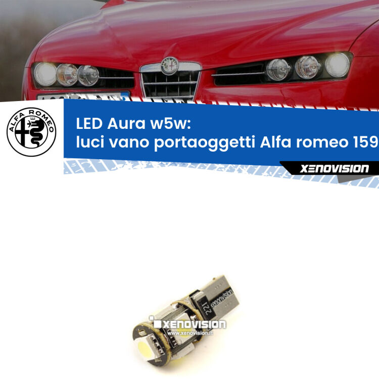 Luci Vano Portaoggetti LED per Alfa romeo 159  2005 - 2012: Aura w5w <strong>LED luci vano portaoggetti w5w per Alfa romeo 159</strong>  2005 - 2012. Una lampadina <strong>w5w</strong> canbus luce bianca 6000k modello Aura Xenovision.