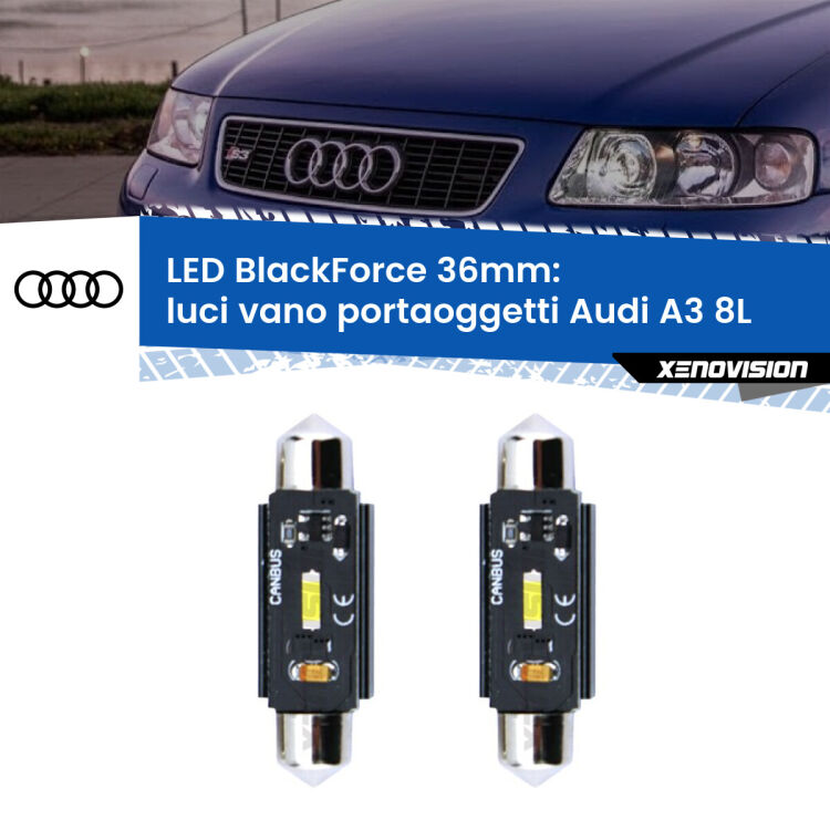 0 Luci Vano Portaoggetti LED per Audi A3 8L 1996 - 2003: C5W BlackForce 36mm (Coppia) <strong>Luci Vano Portaoggetti LED per Audi A3</strong> 8L 1996 - 2003. Coppia lampade <strong>C5W</strong> 36mm modello BlackForce canbus.