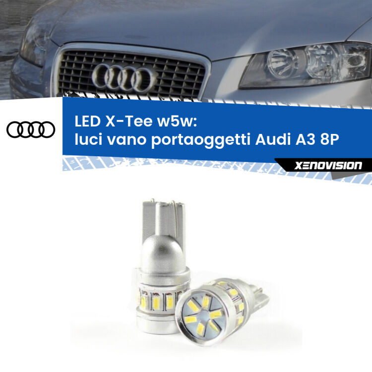 0 Luci Vano Portaoggetti LED per Audi A3 8P 2003 - 2012: W5W X-Tee <strong>LED luci vano portaoggetti per Audi A3</strong> 8P 2003 - 2012. Lampade <strong>W5W</strong> modello X-Tee Xenovision top di gamma.