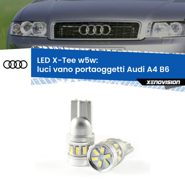 0 Luci Vano Portaoggetti LED per Audi A4 B6 2000 - 2004: W5W X-Tee <strong>LED luci vano portaoggetti per Audi A4</strong> B6 2000 - 2004. Lampade <strong>W5W</strong> modello X-Tee Xenovision top di gamma.