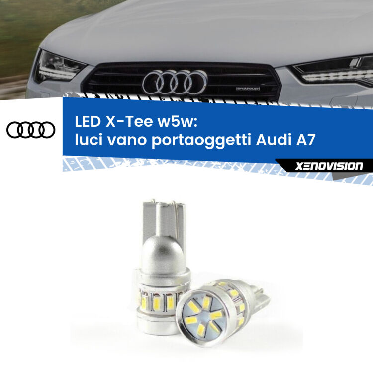 0 Luci Vano Portaoggetti LED per Audi A7 2010 - 2018: W5W X-Tee <strong>LED luci vano portaoggetti per Audi A7</strong> 2010 - 2018. Lampade <strong>W5W</strong> modello X-Tee Xenovision top di gamma.
