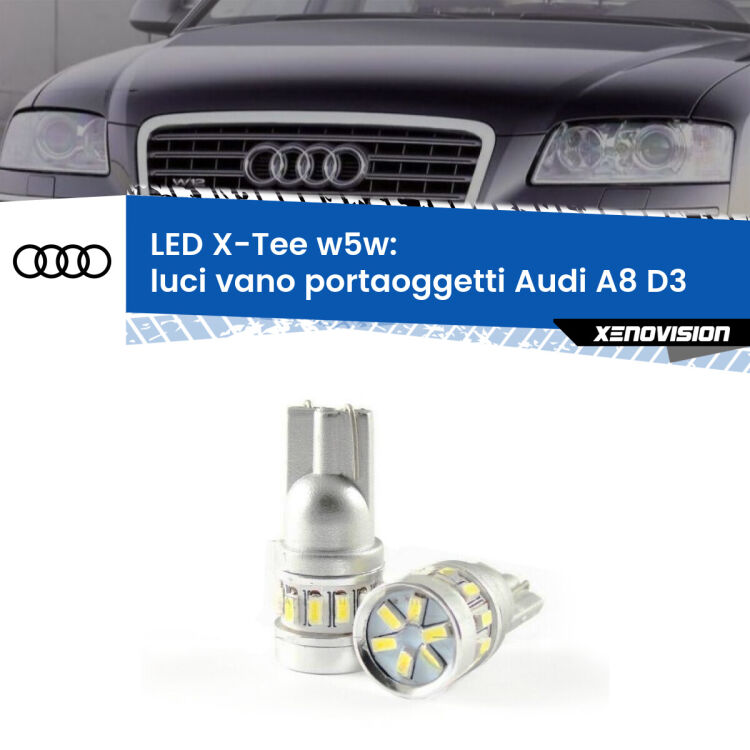 0 Luci Vano Portaoggetti LED per Audi A8 D3 2002 - 2009: W5W X-Tee <strong>LED luci vano portaoggetti per Audi A8</strong> D3 2002 - 2009. Lampade <strong>W5W</strong> modello X-Tee Xenovision top di gamma.